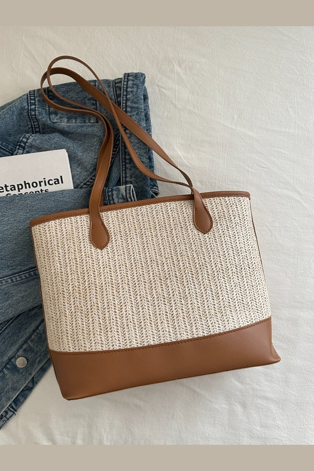 Contrast Straw Woven Tote Bag