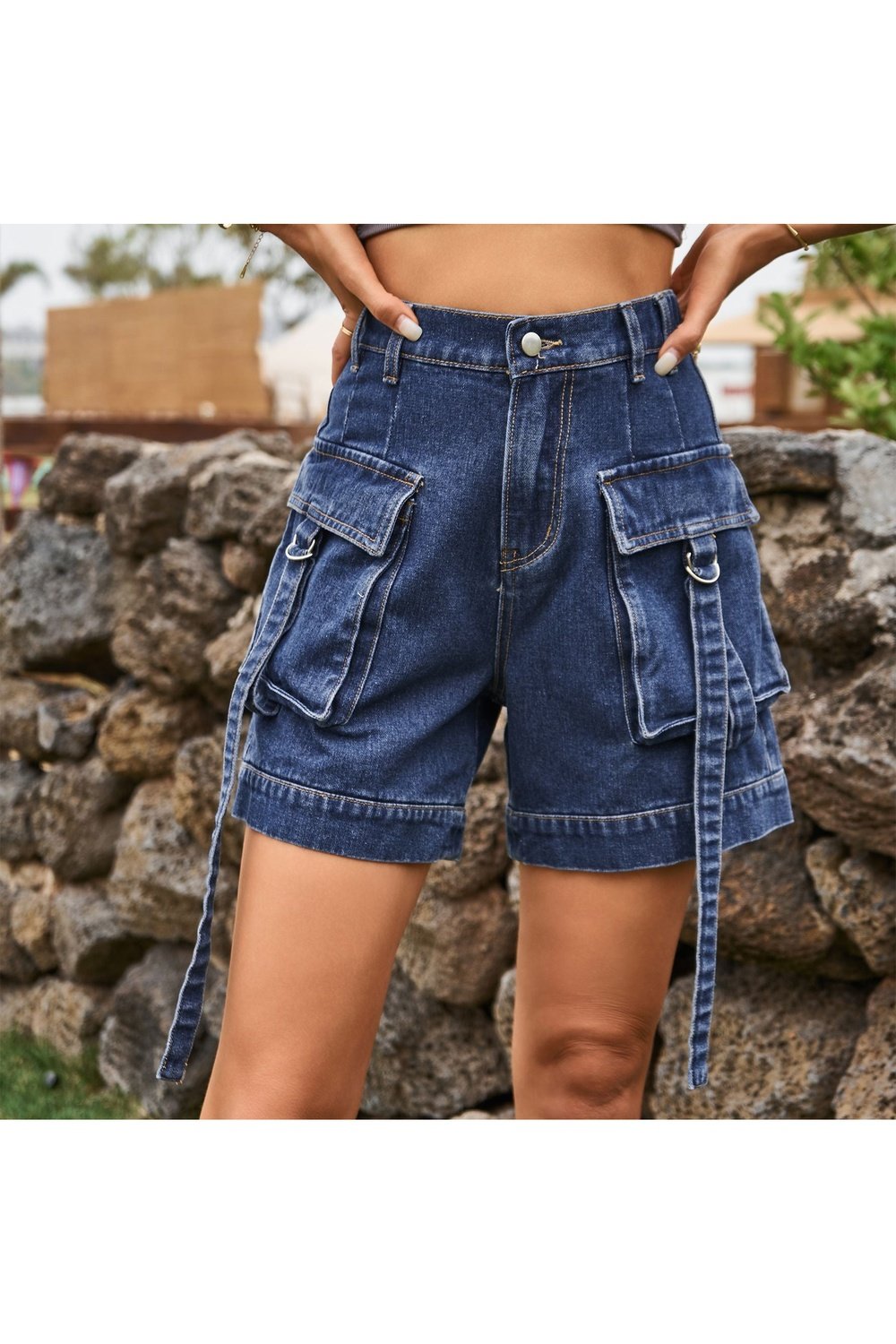 High Waist Denim Cargo Shorts