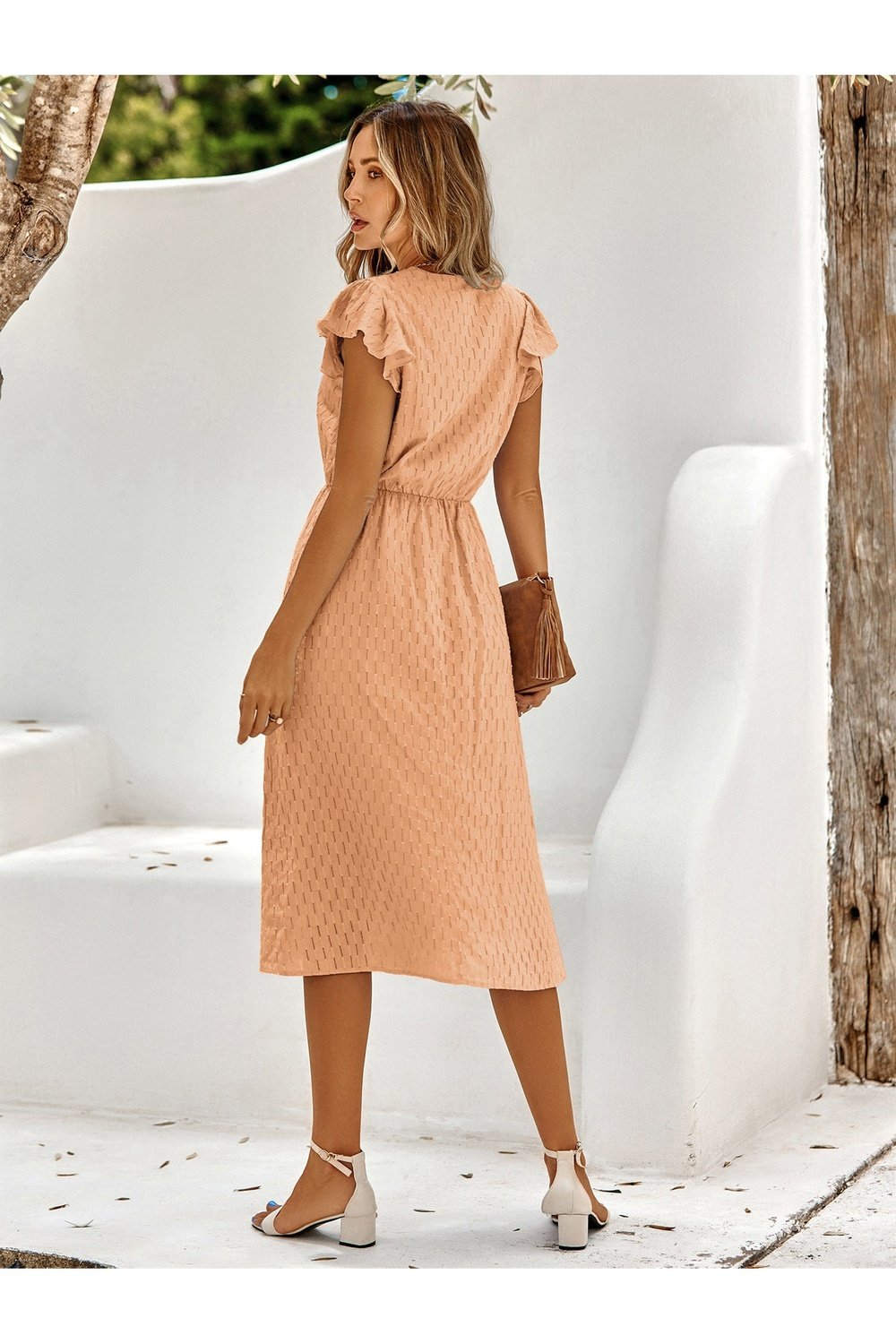 V-Neck Flutter Sleeve Midi Dress