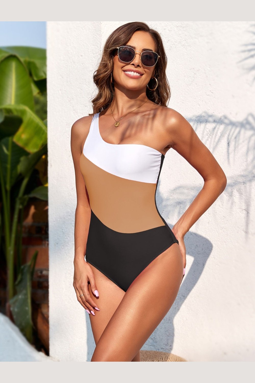 Color Block One Shoulder One-Piece Swimwear