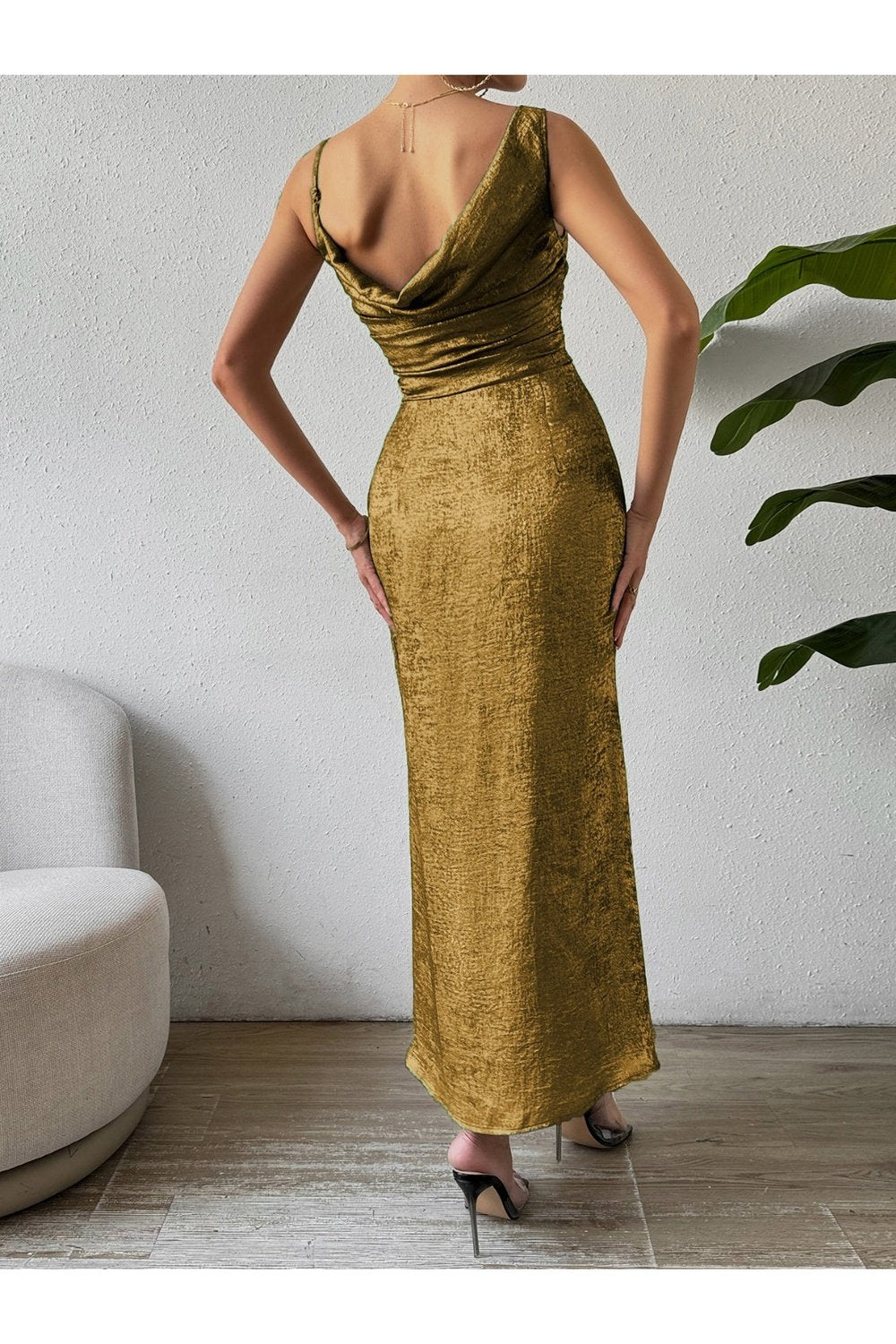 Asymmetric Neck Sleeveless Midi Dress