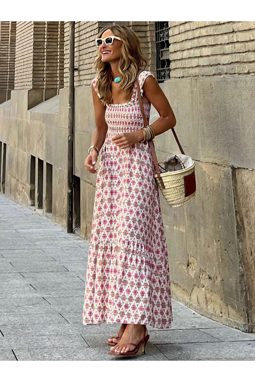 Smocked Printed Square Neck Sleeveless Dress