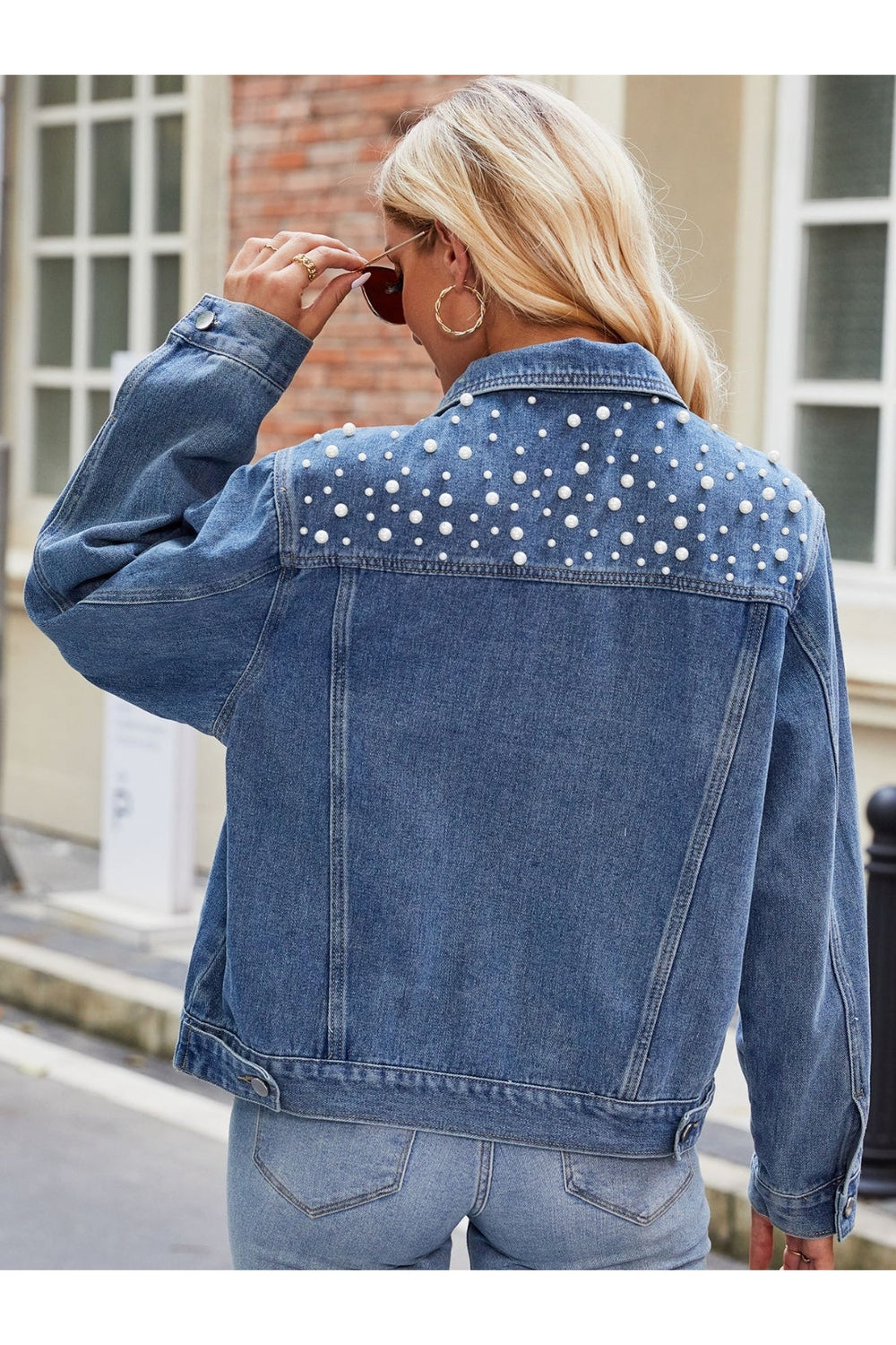 Pearl Detail Collared Neck Long Sleeve Denim Jacket