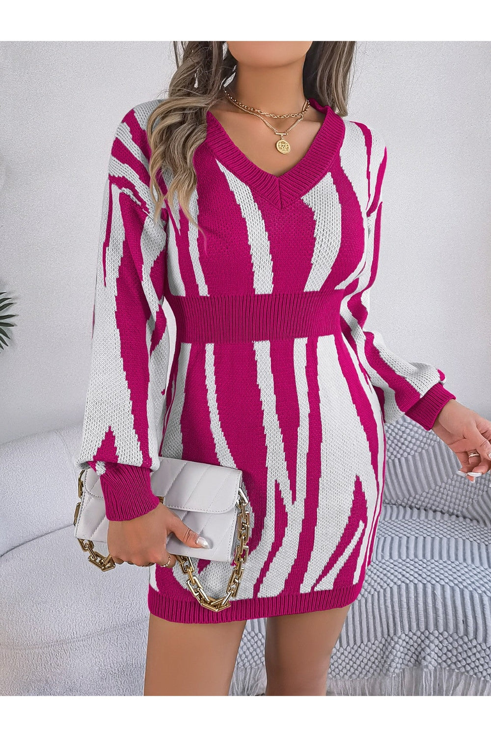 Animal Print V-Neck Long Sleeve Sweater Dress