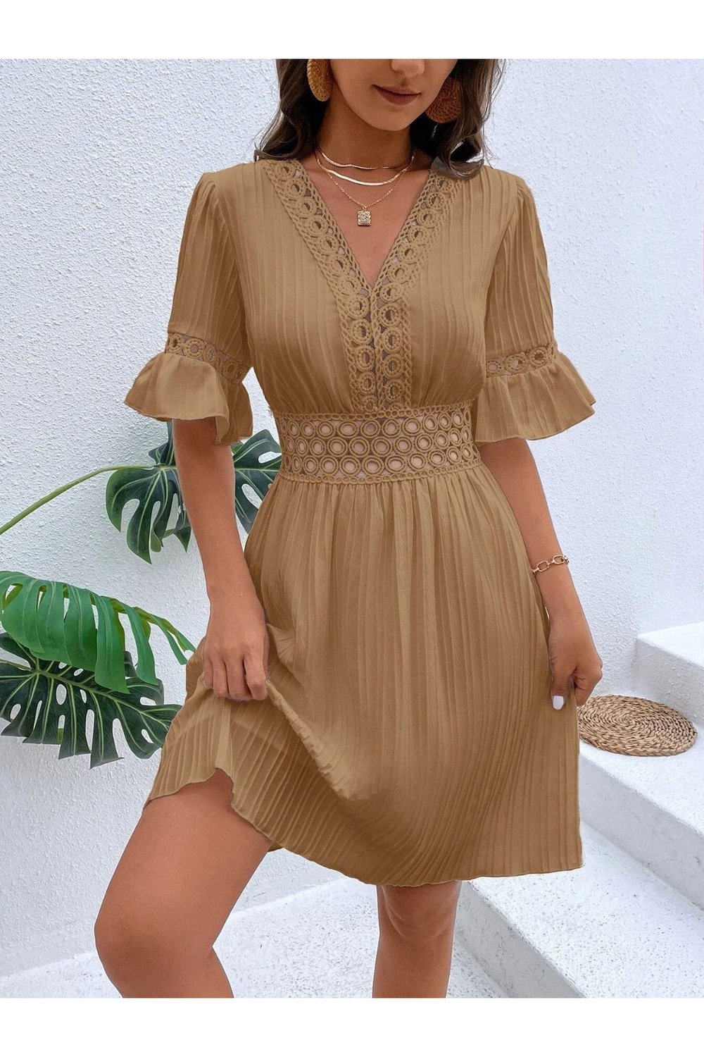 Cutout V-Neck Flounce Sleeve Mini Dress