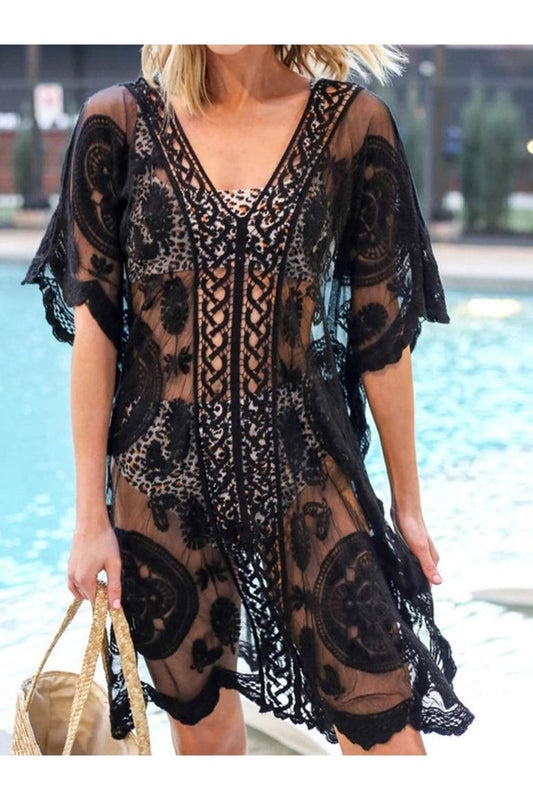 Lace V-Neck Half Sleeve Cover-Up