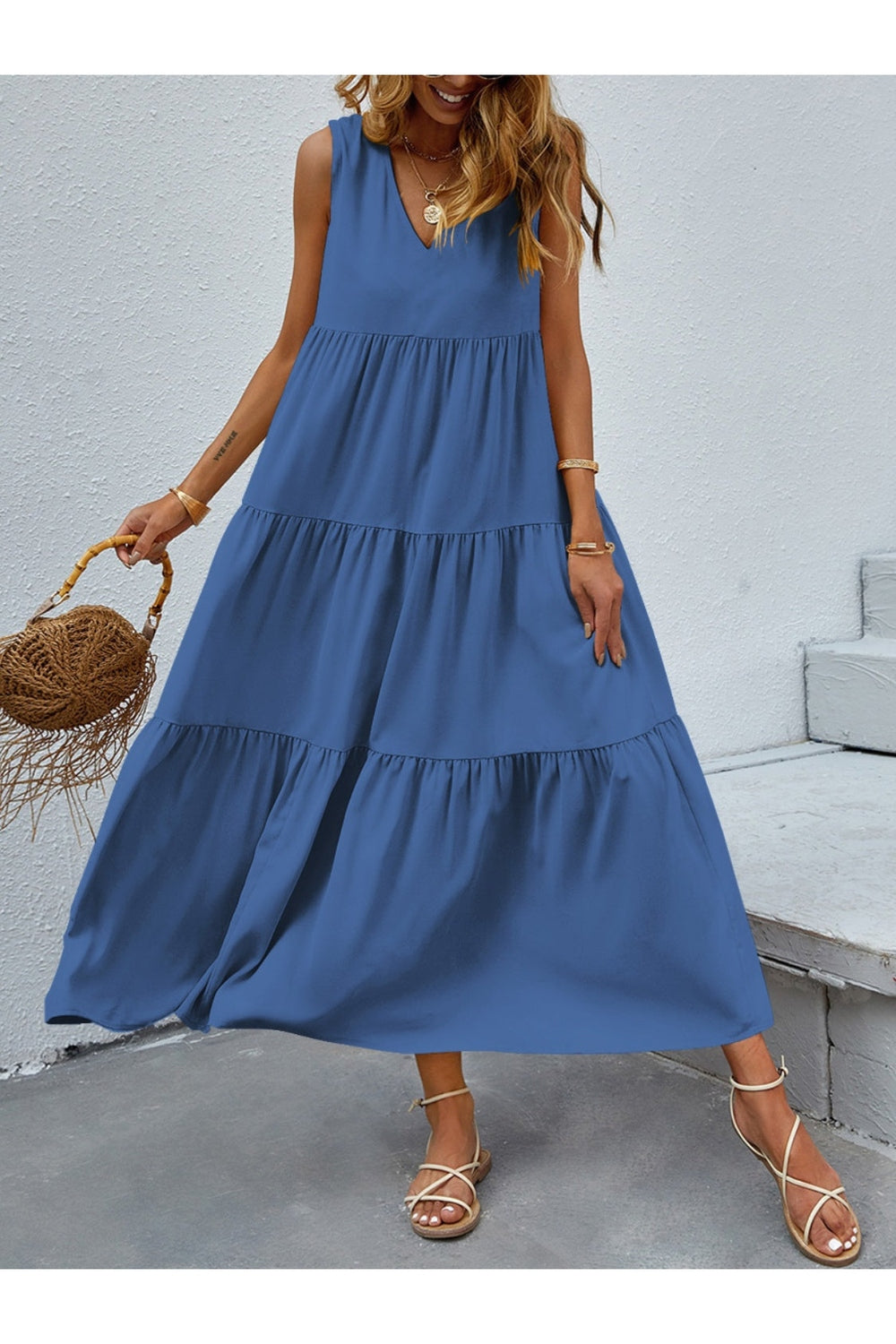 Tiered V-Neck Sleeveless Dress