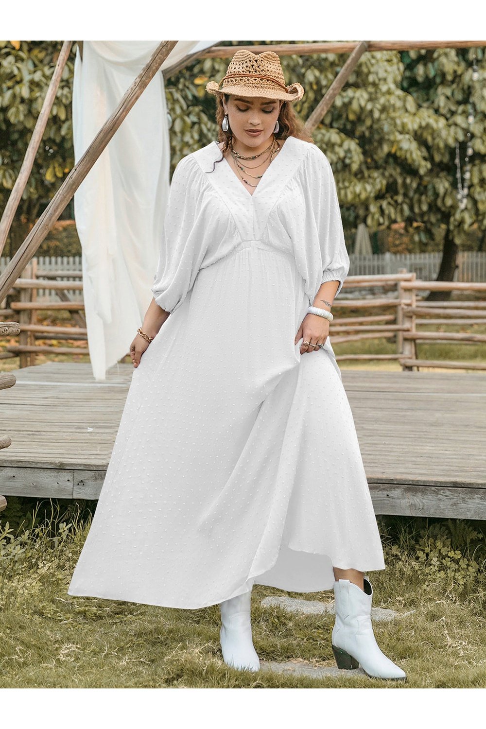 Plus Size Swiss Dot V-Neck Three-Quarter Sleeve Dress