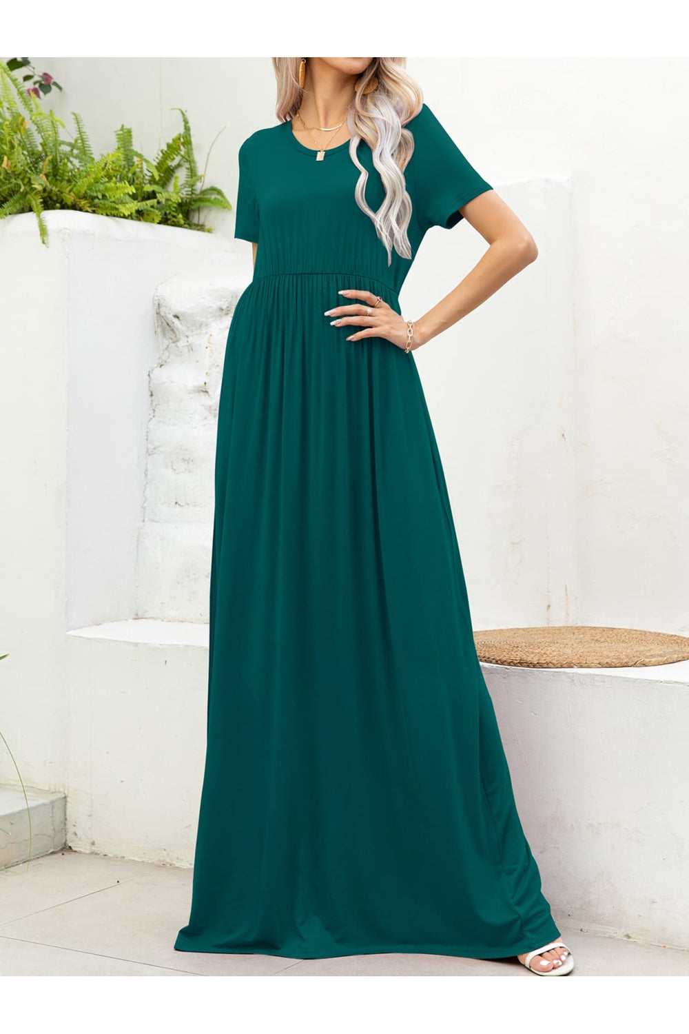 Round Neck Short Sleeve Maxi Dress with Pockets