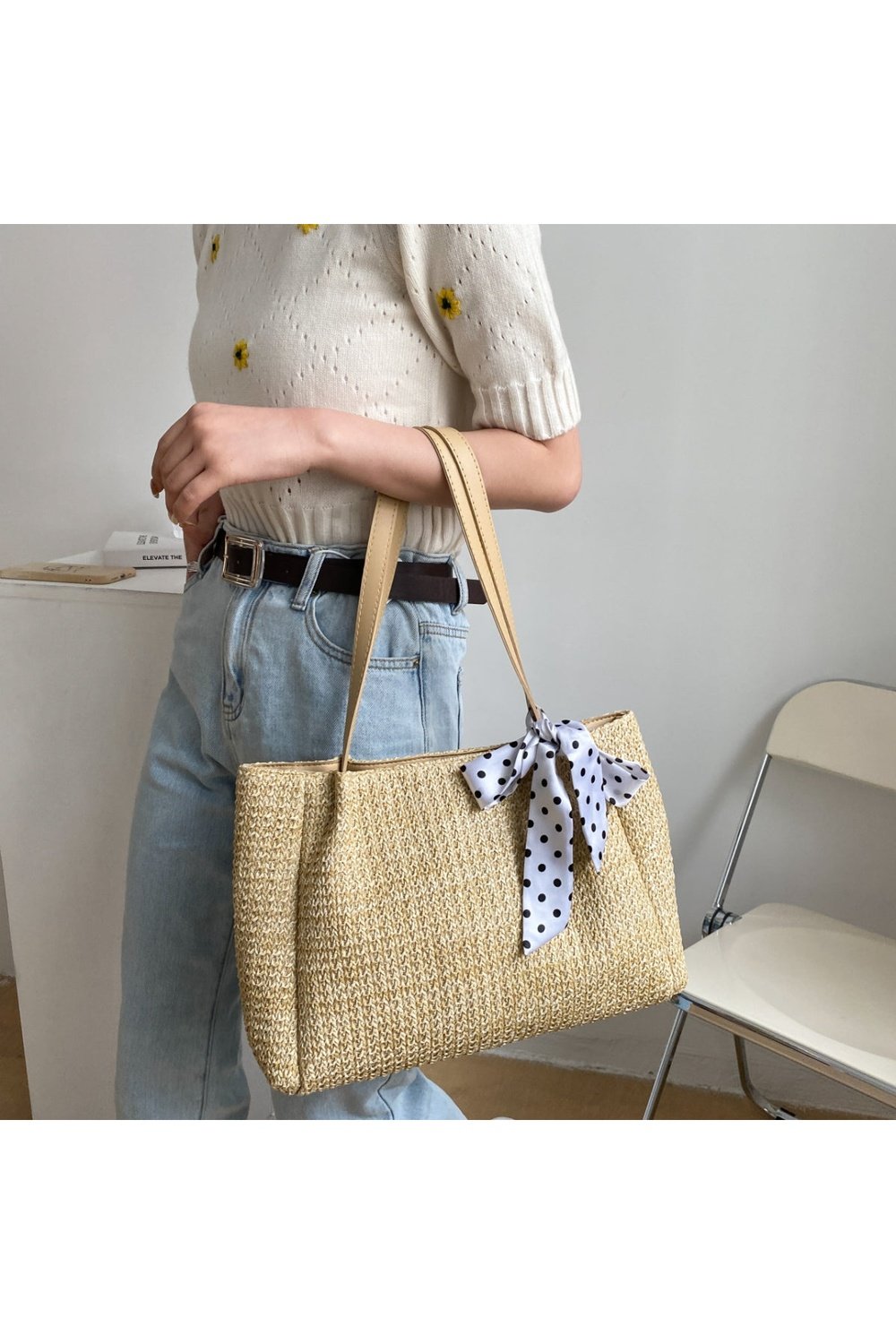 Straw Woven Leather Strap Handbag