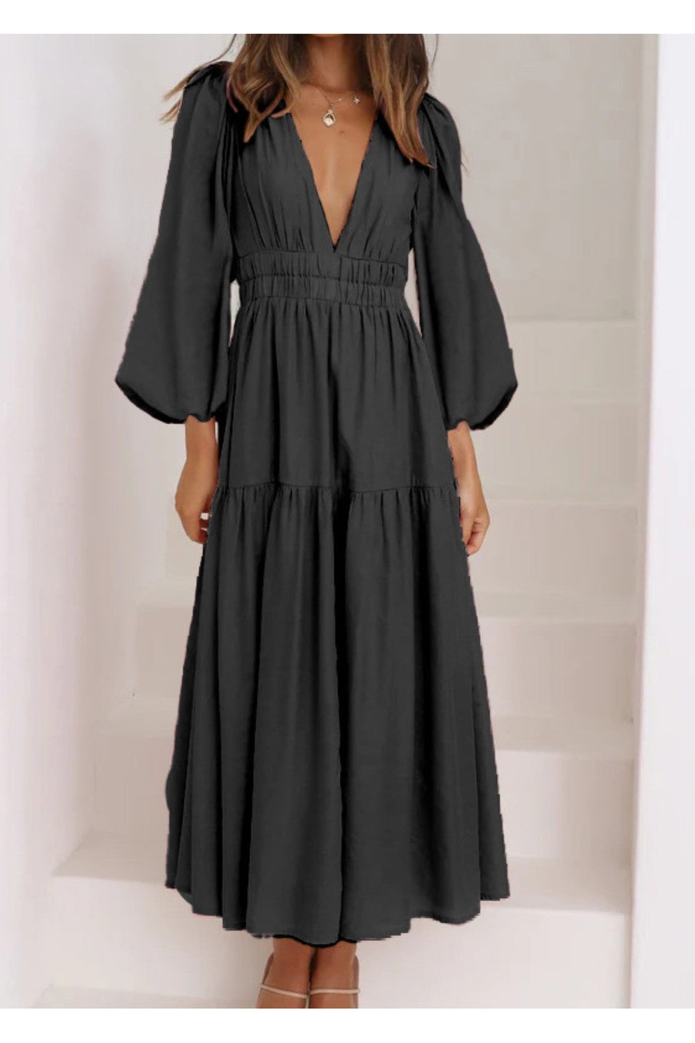 Deep V-Neck Balloon Sleeve Plain Maxi Dress