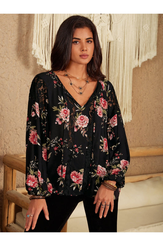 Flower Printed Tie Neck Long Sleeve Blouse