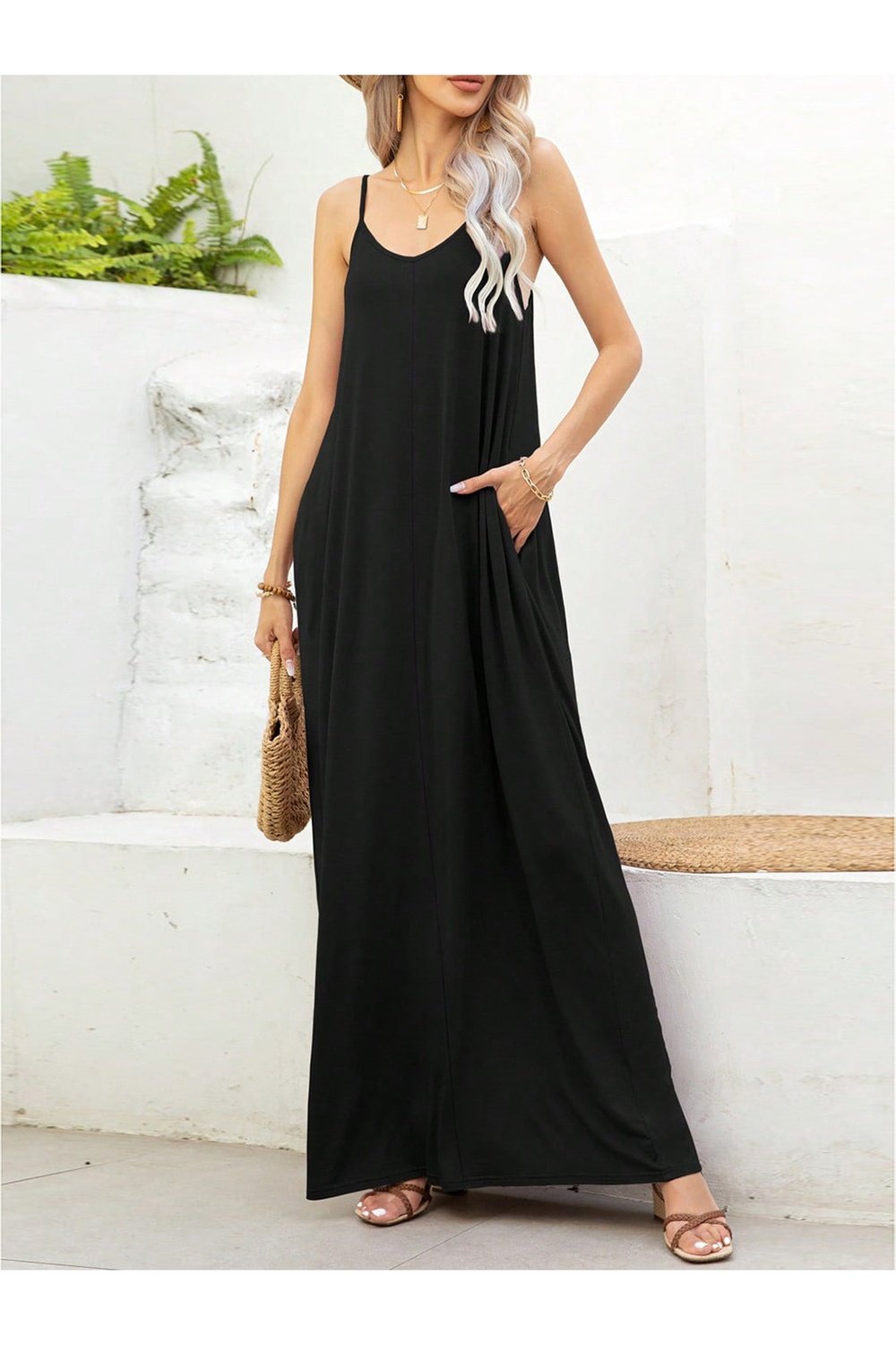 V-Neck Maxi Cami Dress with Pockets