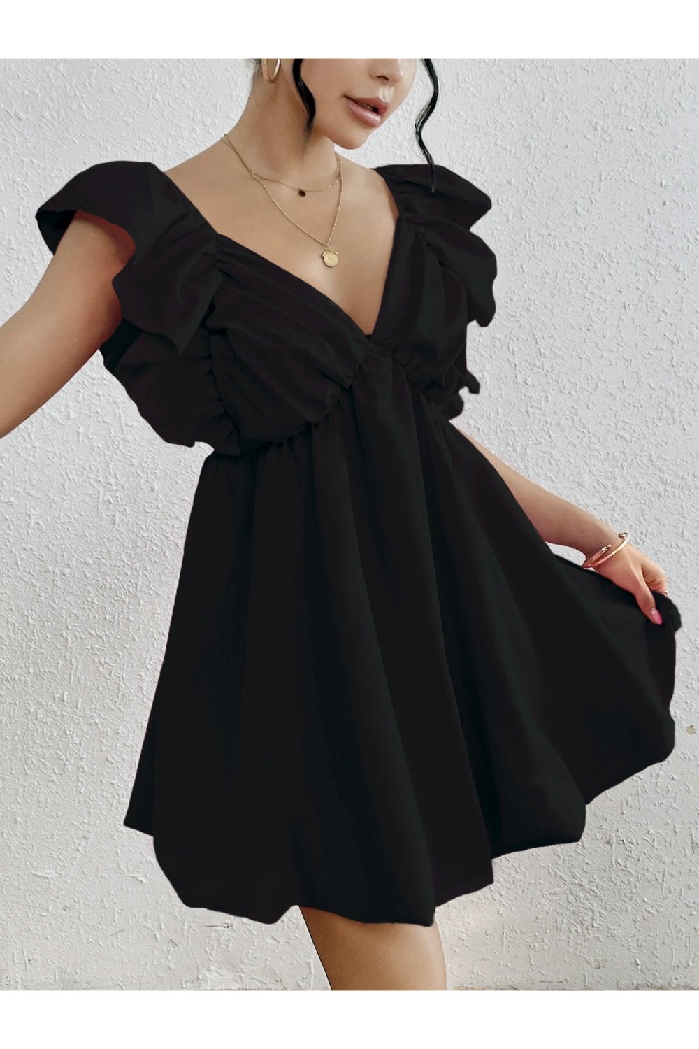 Ruffled V-Neck Cap Sleeve Mini Dress