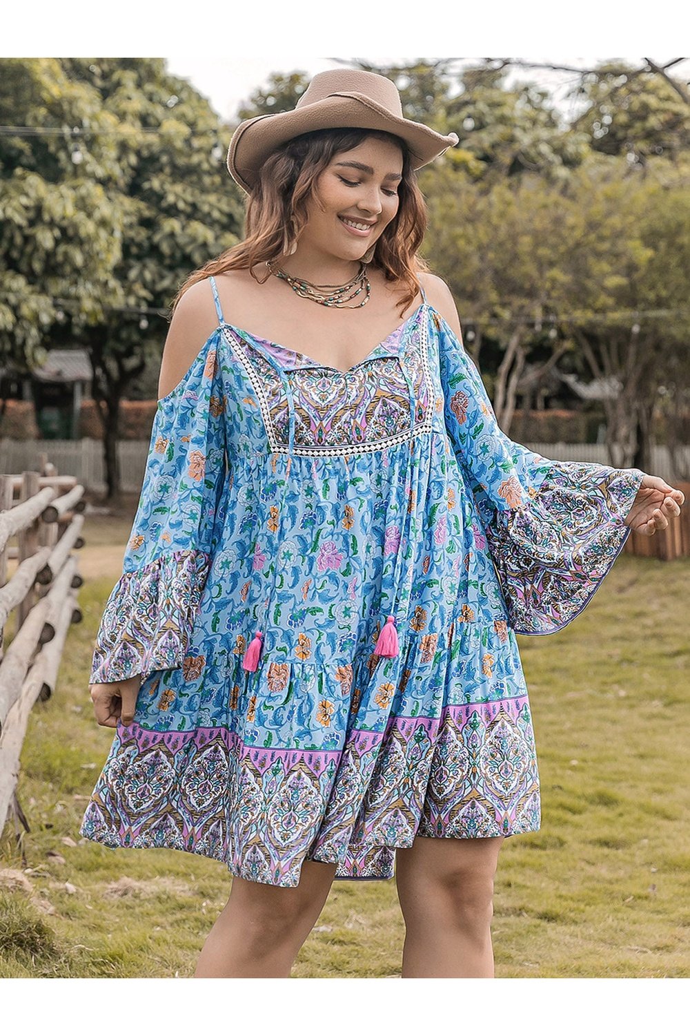 Plus Size Printed Long Sleeve Mini Dress