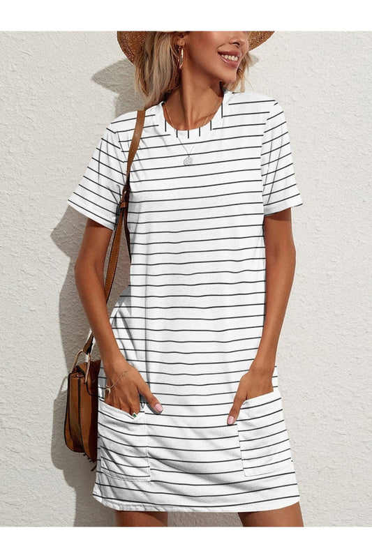 Pocketed Striped Round Neck Short Sleeve Dress