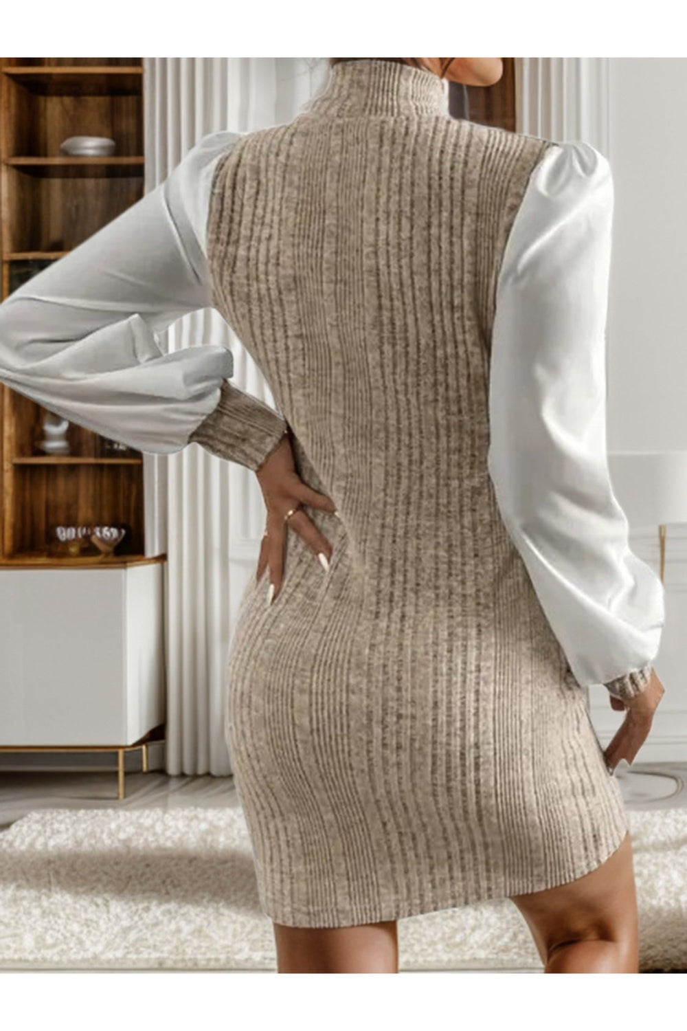 Ribbed Contrast Long Sleeve Sweater Dress