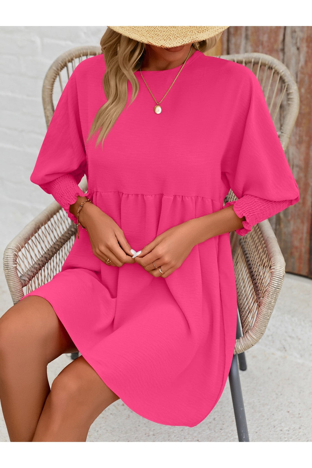 Round Neck Lantern Sleeve Mini Dress