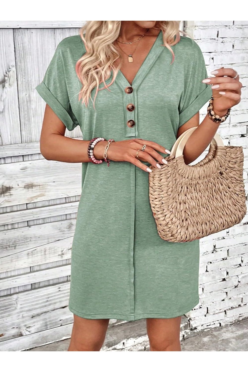 Quarter Button V-Neck Short Sleeve Dress