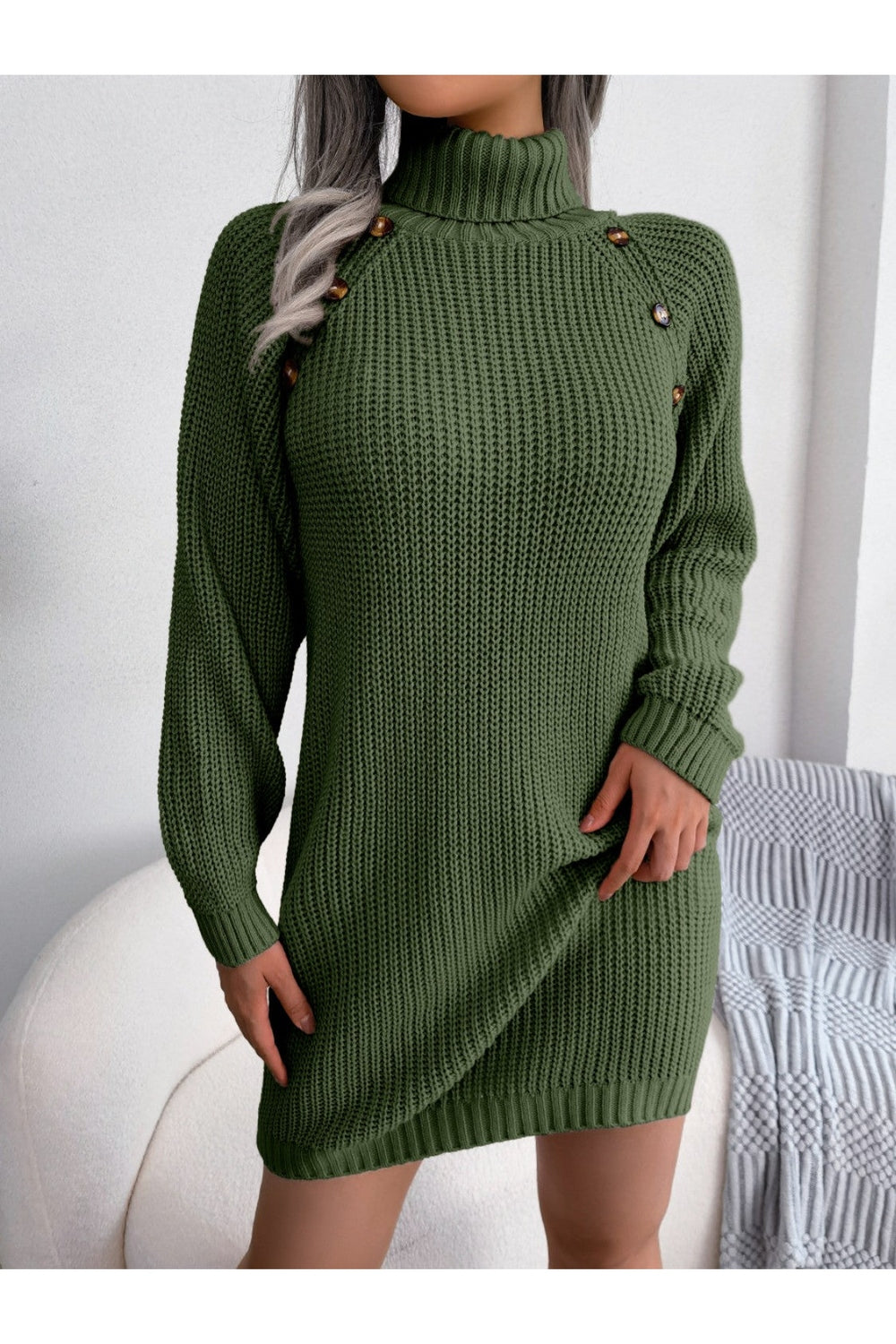 Decorative Button Turtleneck Sweater Dress