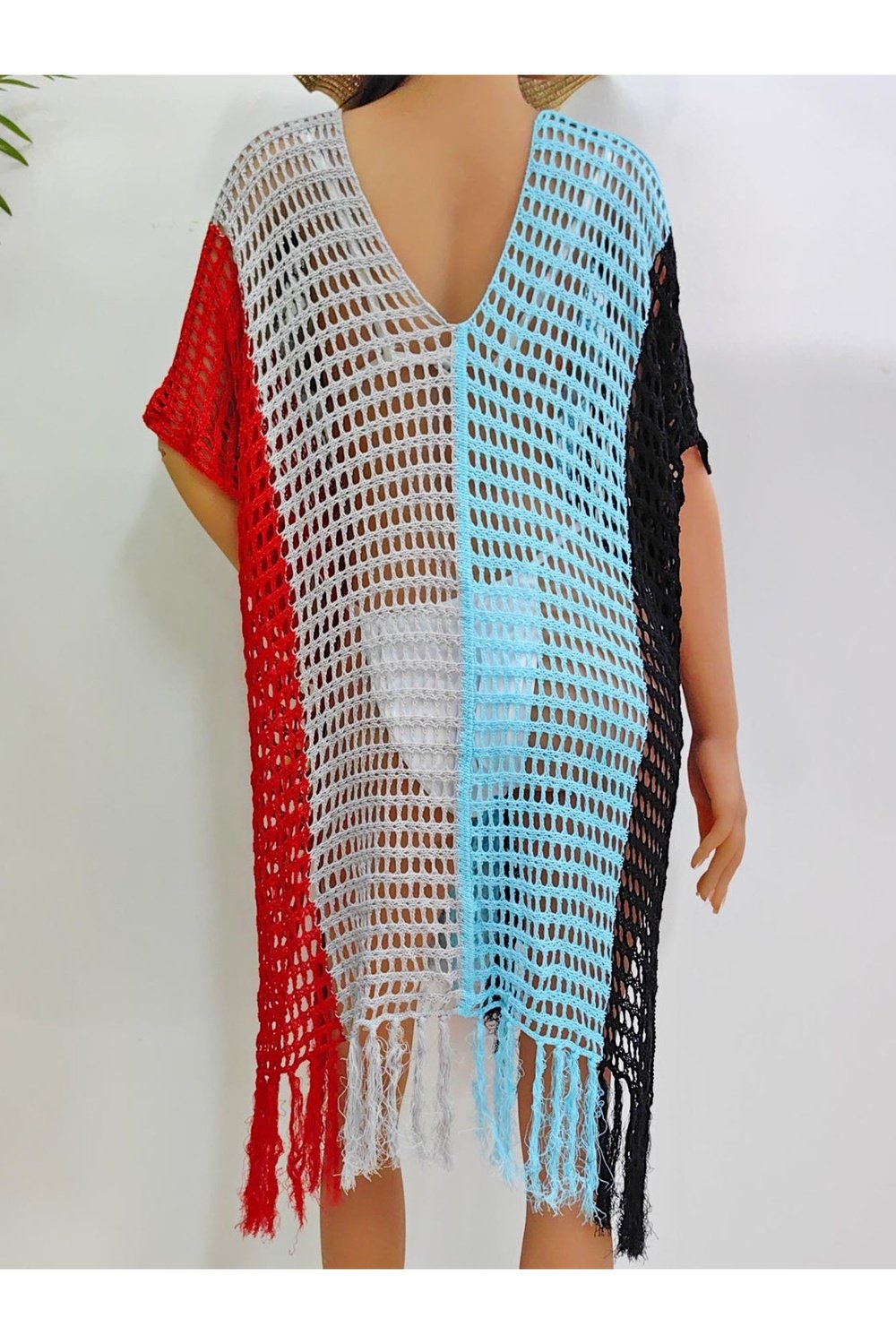 Fringe Color Block Scoop Neck Cover Up