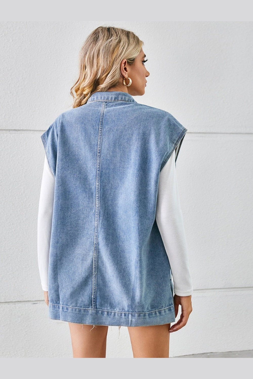 Pocketed Button Up Sleeveless Denim Jacket