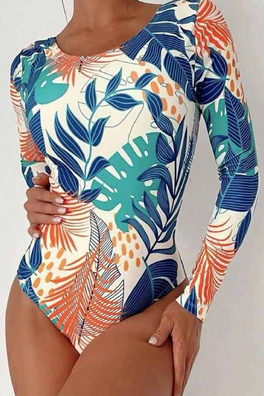 Crisscross Round Neck Long Sleeve Swimwear