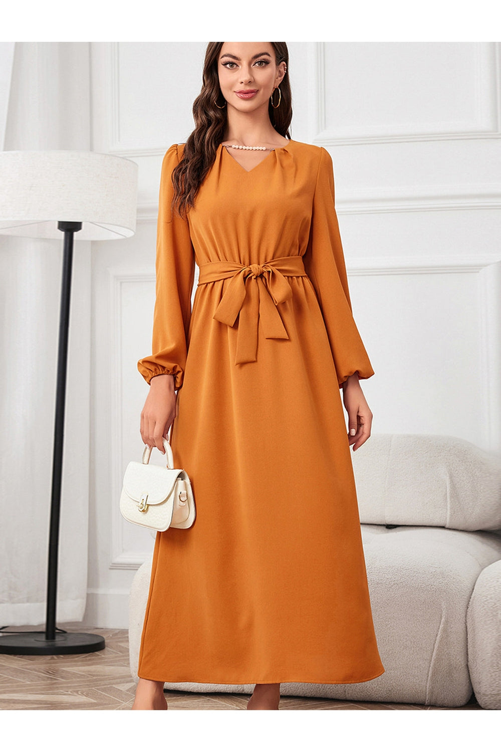 Tie Waist Puff Sleeve Maxi Dress