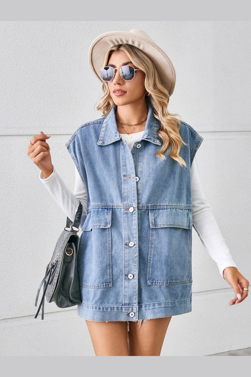 Pocketed Button Up Sleeveless Denim Jacket