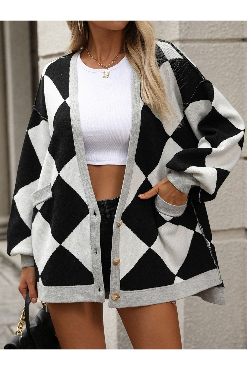 Checkered Dropped Shoulder Long Sleeve Cardigan