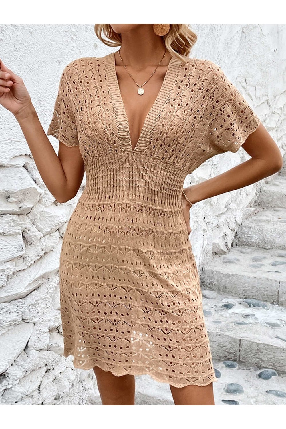 Openwork Plunge Short Sleeve Cover-Up Dress