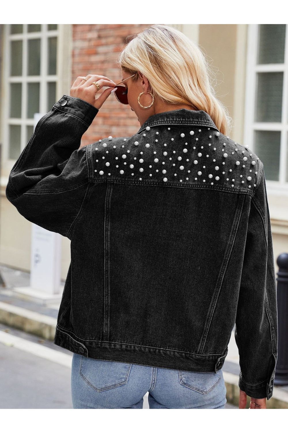 Pearl Detail Collared Neck Long Sleeve Denim Jacket