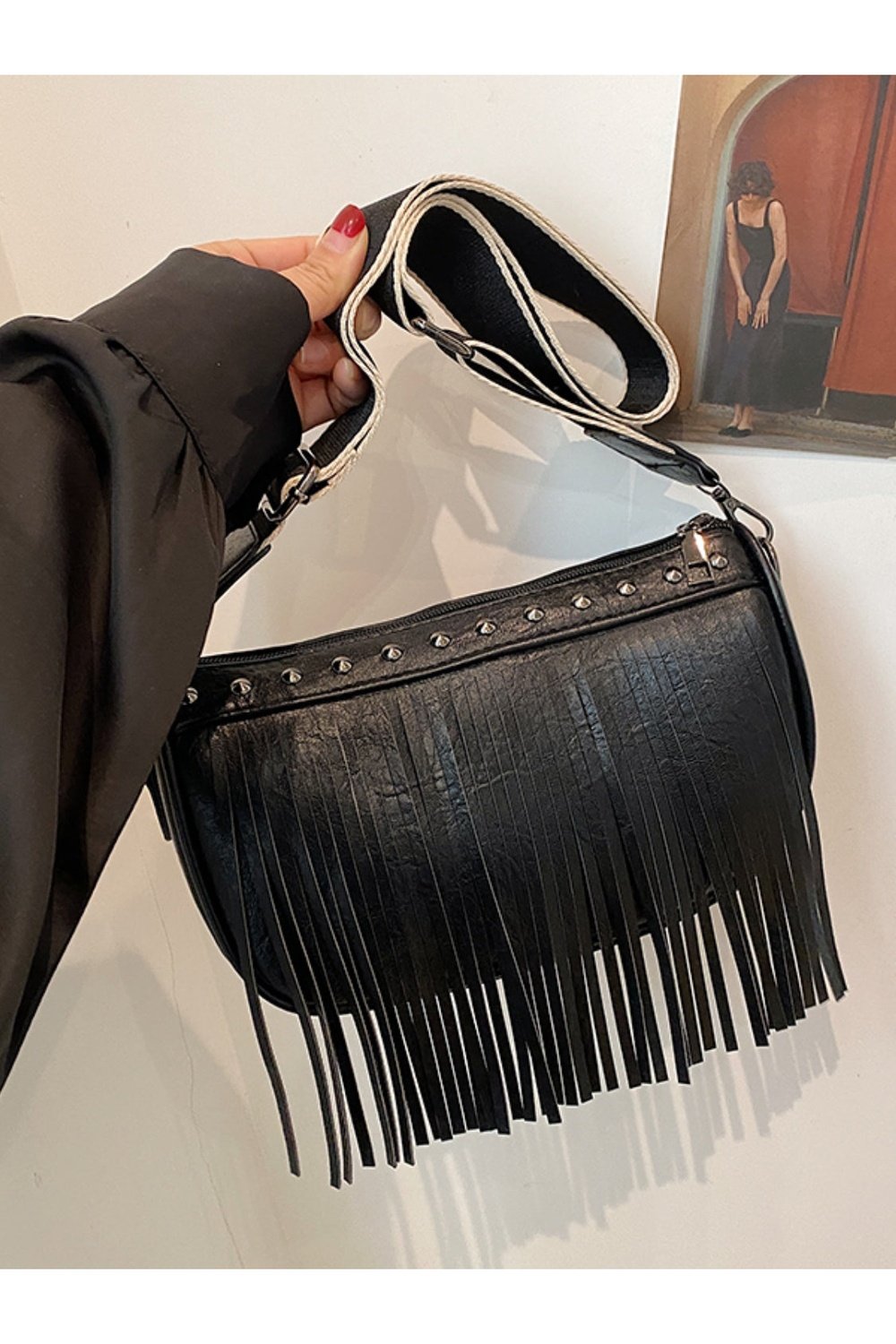 PU Leather Fringe Studded Crossbody Bag