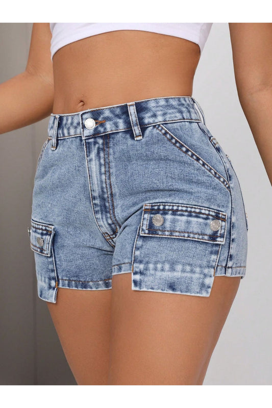 Mid-Rise Waist Denim Shorts with Pockets