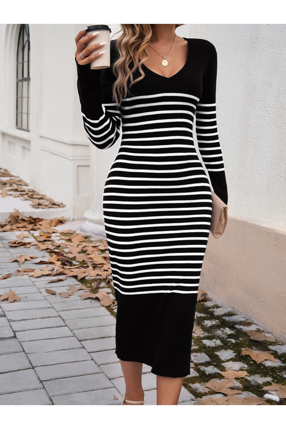 Striped V-Neck Long Sleeve Sweater Dress