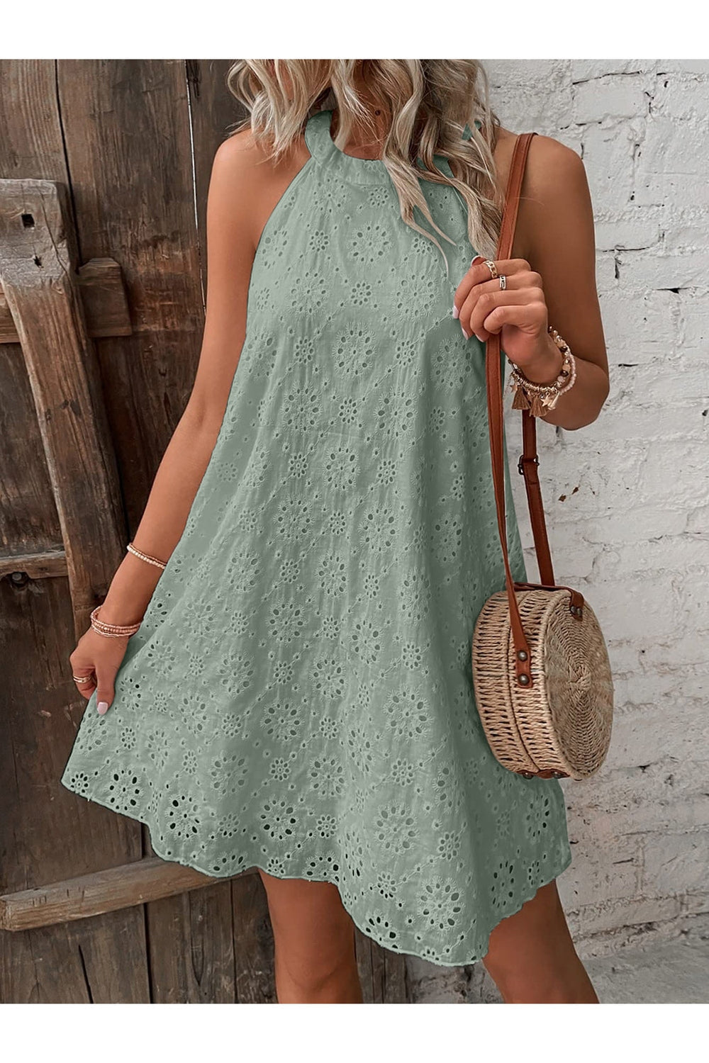 Eyelet Grecian Neck Mini Dress