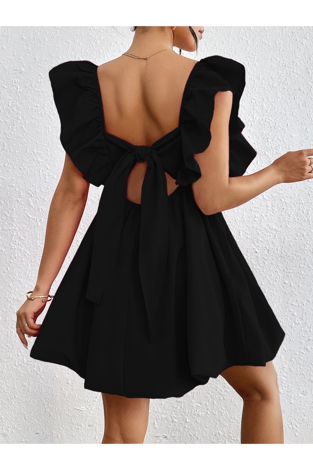 Ruffled V-Neck Cap Sleeve Mini Dress