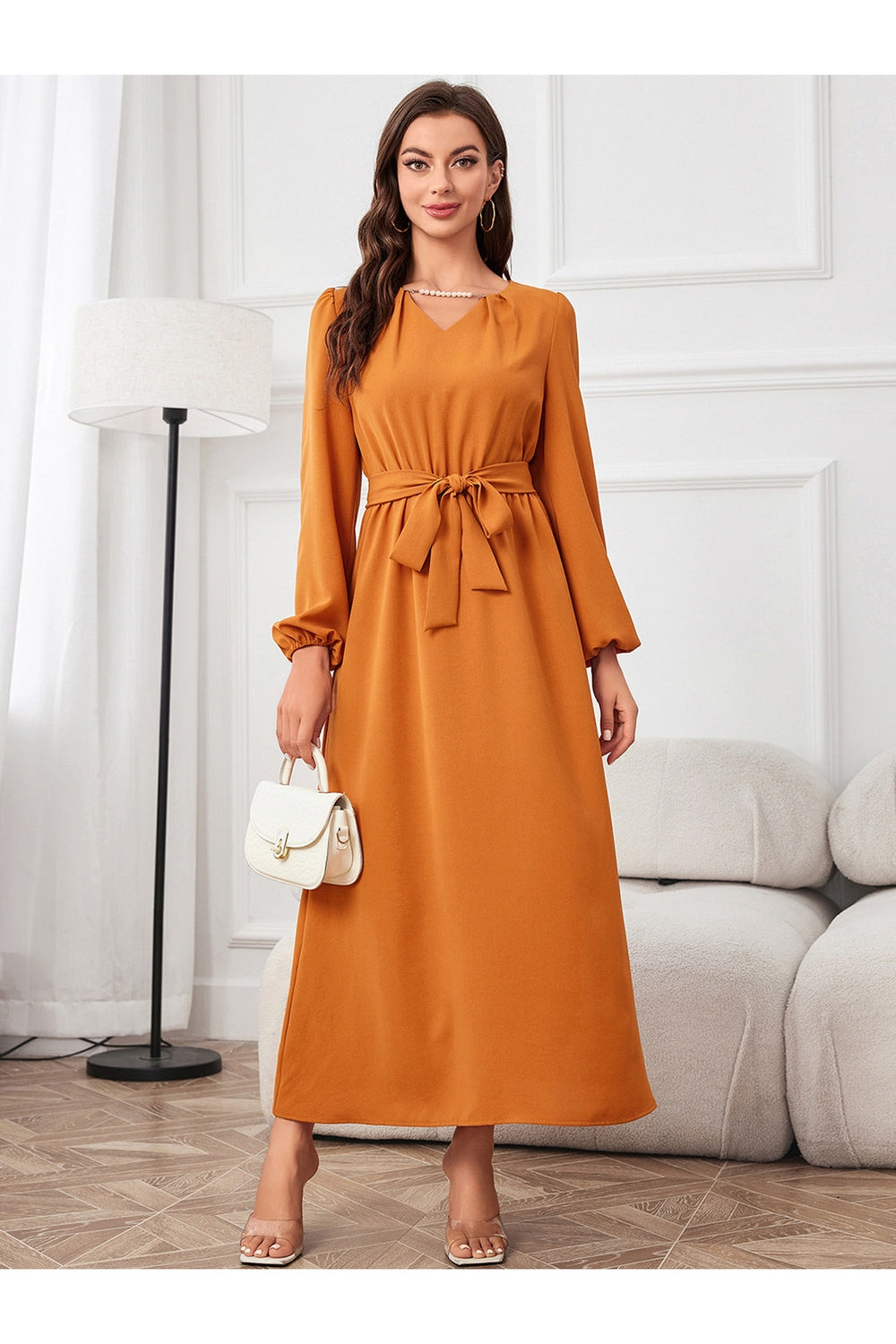 Tie Waist Puff Sleeve Maxi Dress