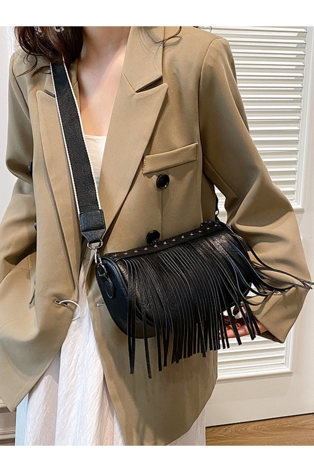 PU Leather Fringe Studded Crossbody Bag