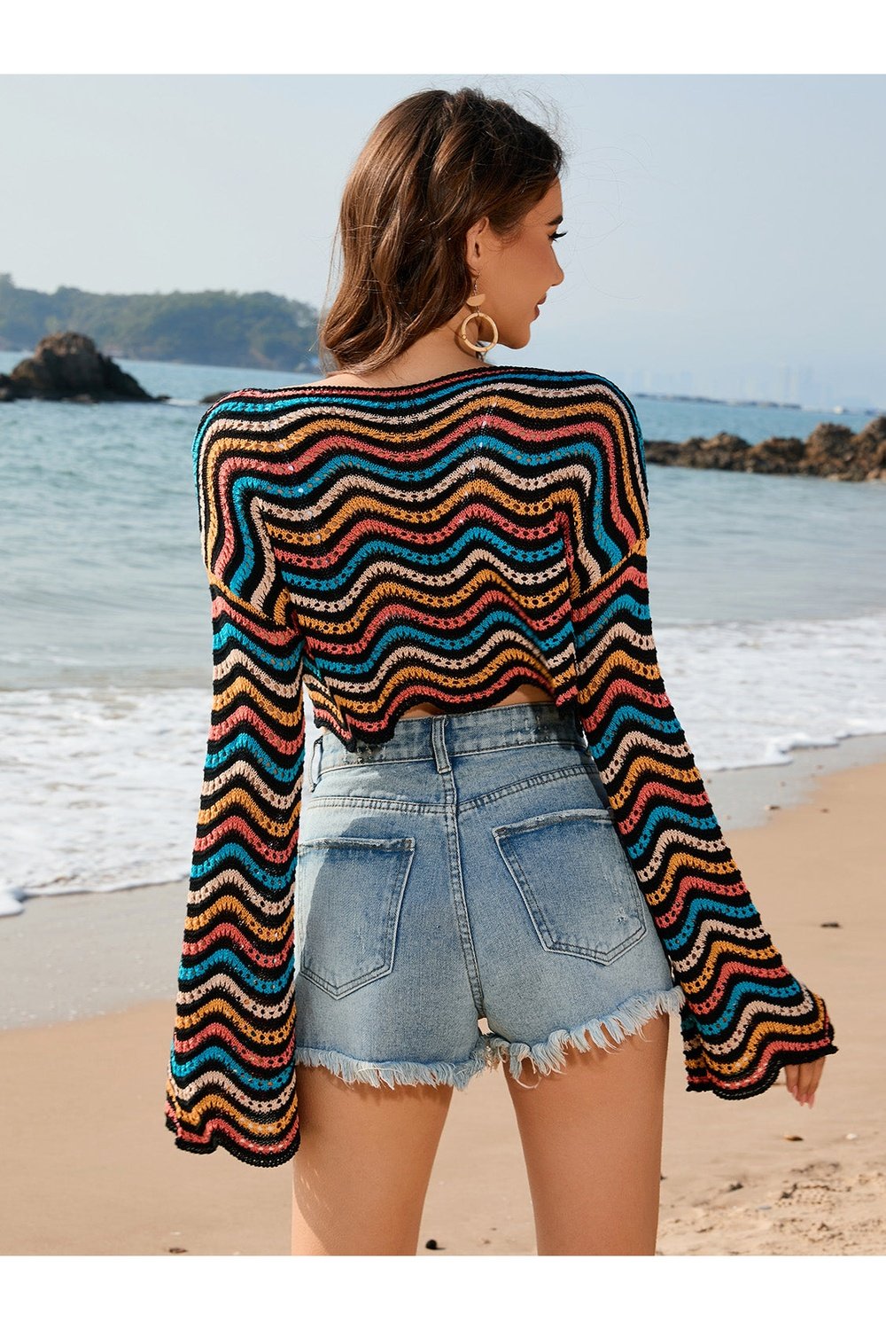 Striped Boat Neck Long Sleeve Cover Up