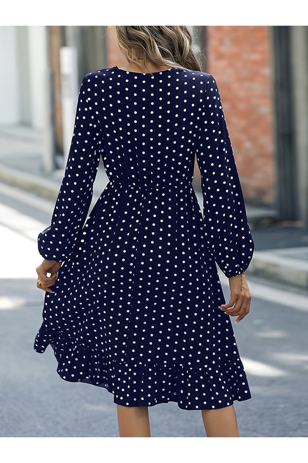 V-Neck Long Sleeve Ruffle Hem Dress