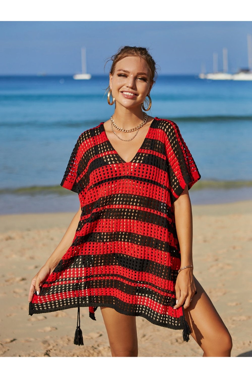 Tassel Openwork Striped V-Neck Cover Up