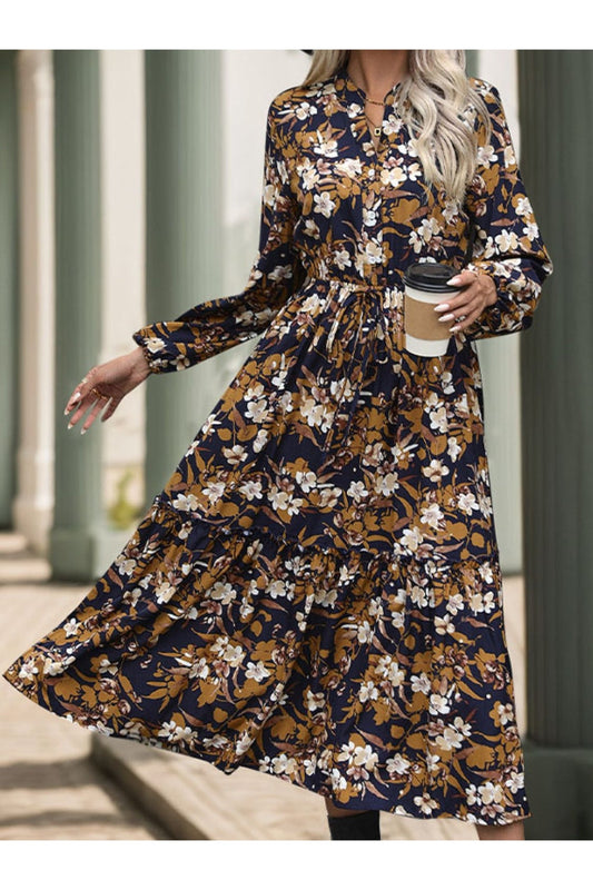 Perfee Printed Notched Long Sleeve Midi Dress