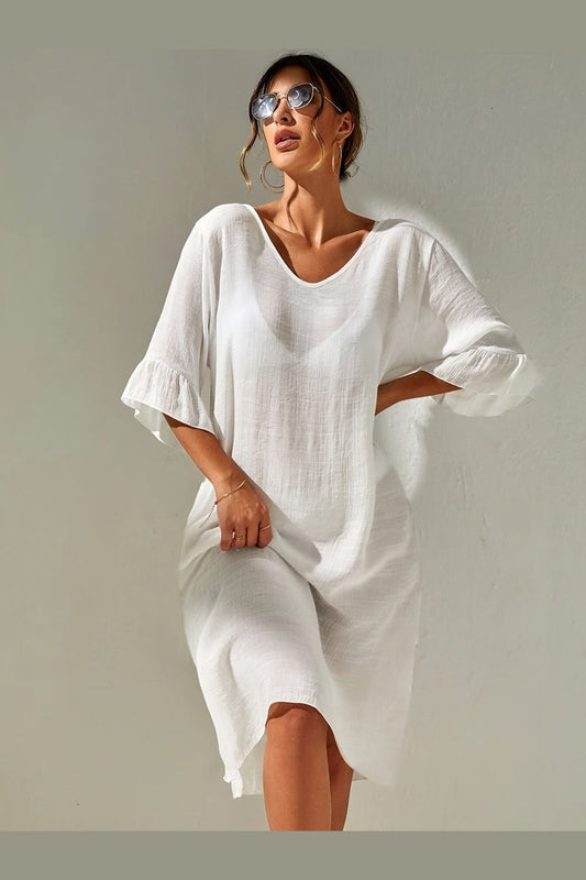 Slit V-Neck Flounce Sleeve Cover-Up