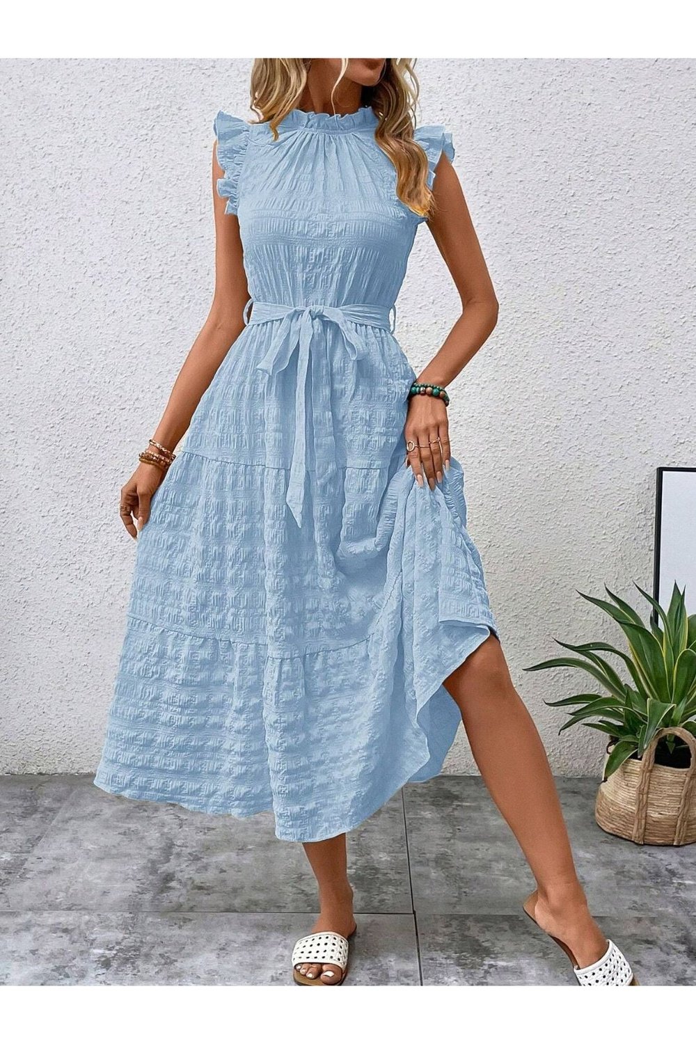 Tied Ruffled Cap Sleeve Midi Dress