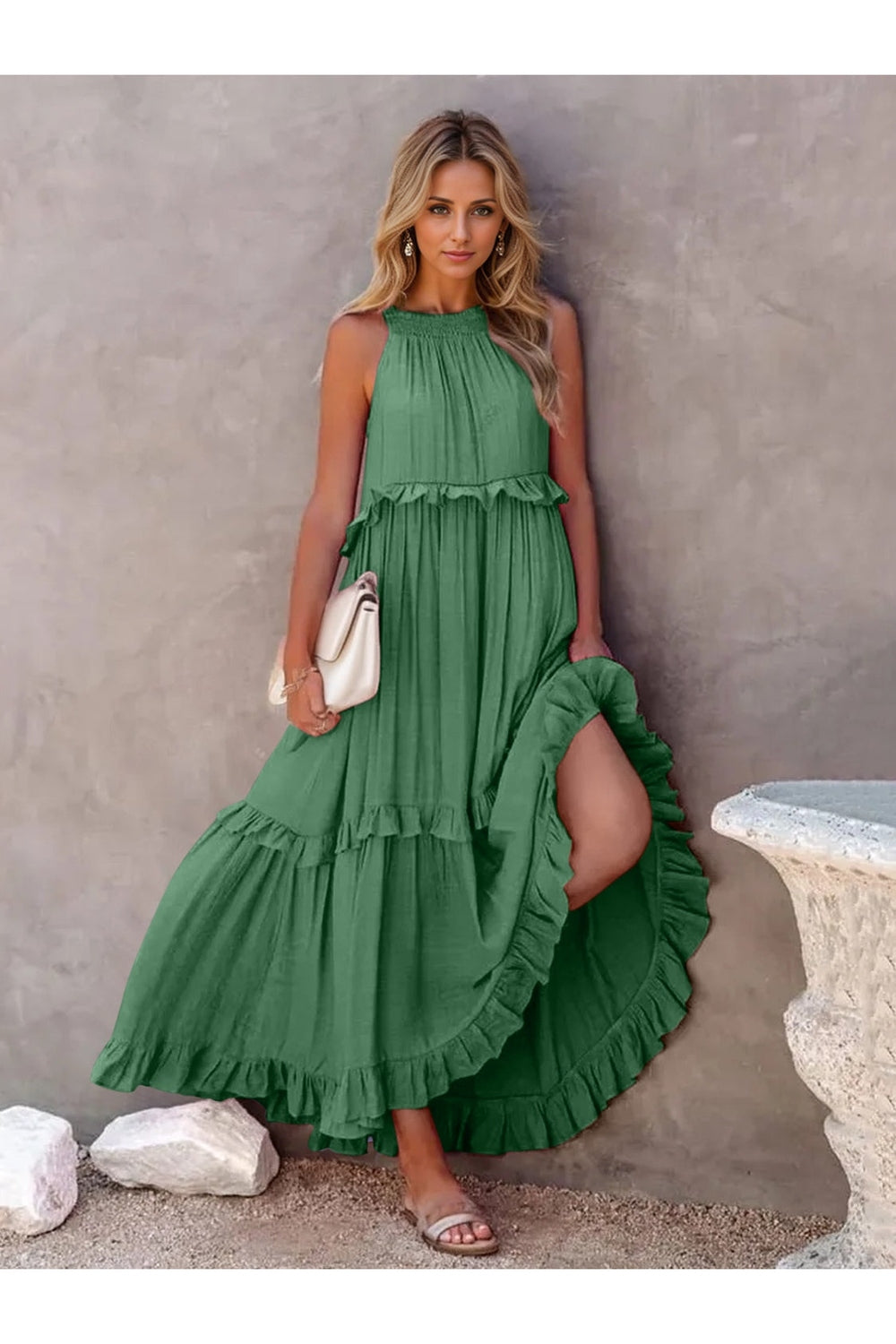 Ruffled Sleeveless Tiered Maxi Dress with Pockets