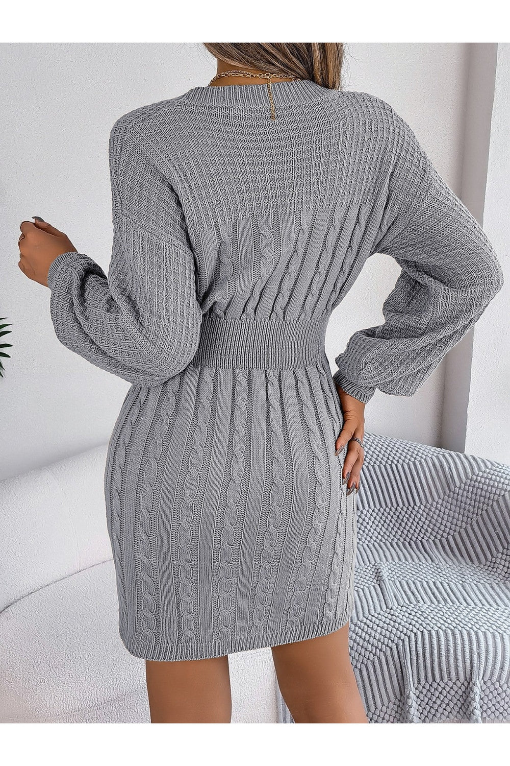 Cable-Knit Cutout Round Neck Slit Sweater Dress