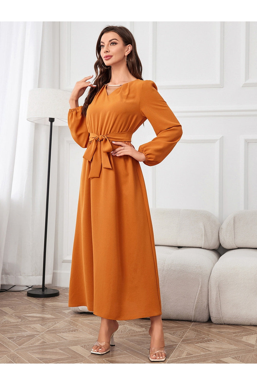 Tie Waist Puff Sleeve Maxi Dress