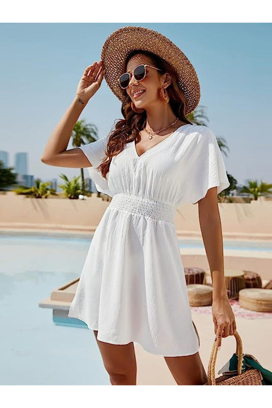 Smocked V-Neck Short Sleeve Dress