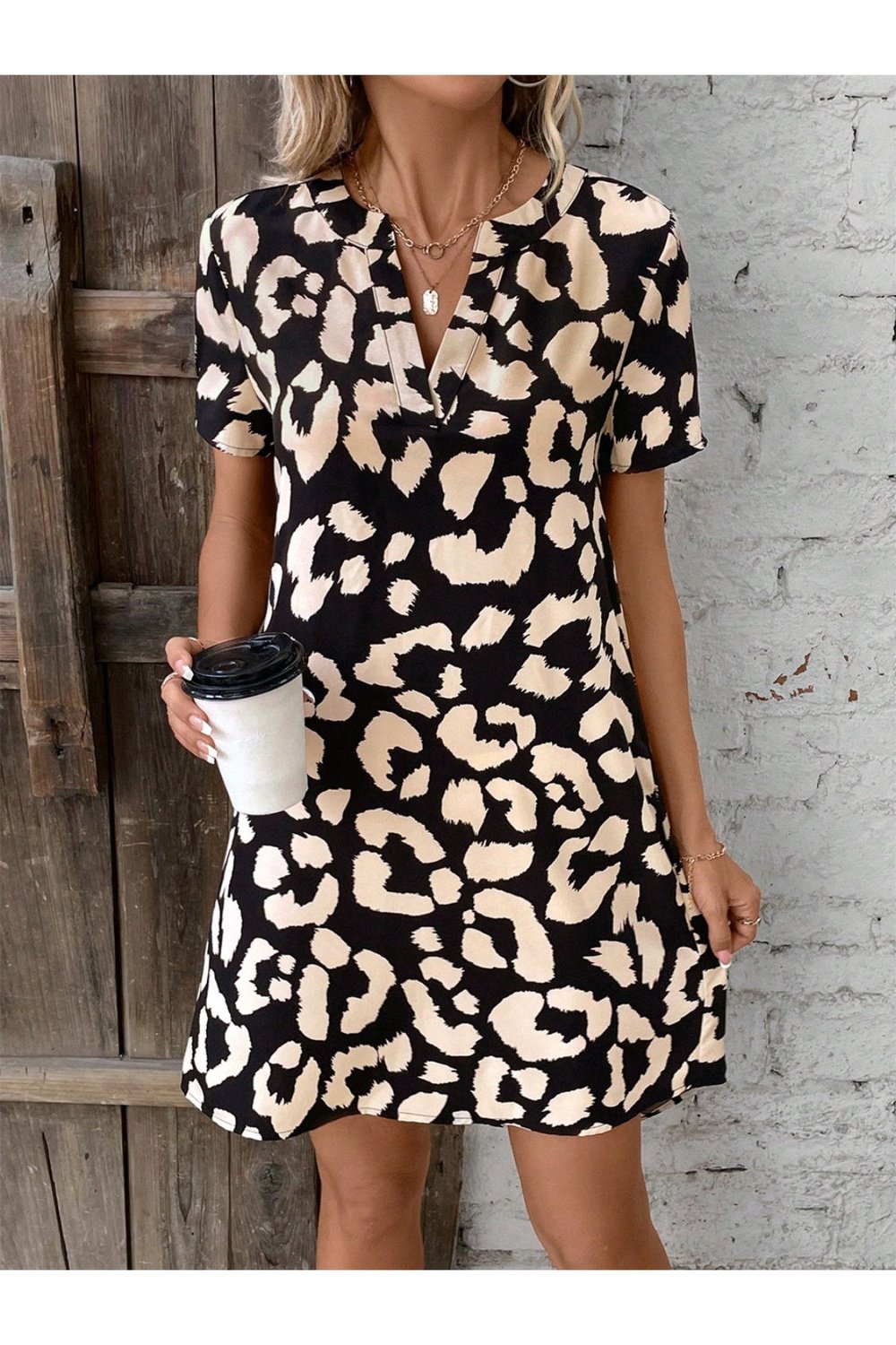 Printed Notched Short Sleeve Mini Dress